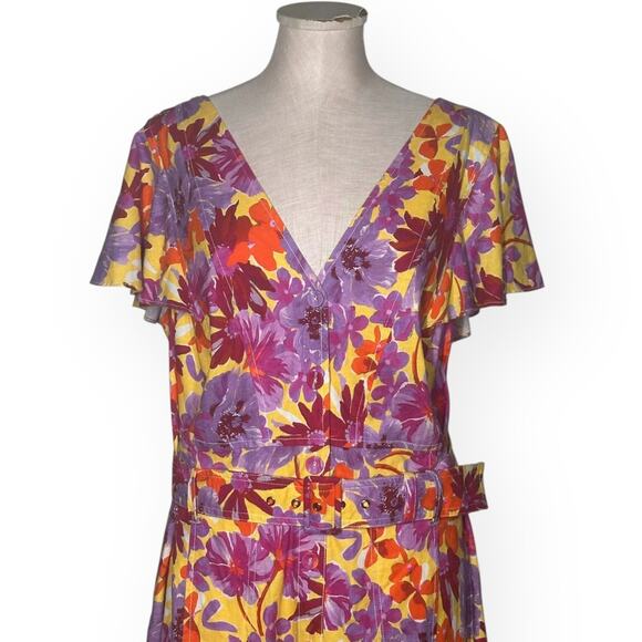 New $545 TANYA TAYLOR Linen Blend Inez Midi Dress Belted Floral A-Line Wedding - Picture 6 of 16